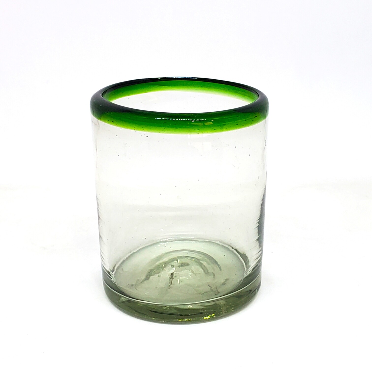 VIDRIO SOPLADO / Juego de 6 vasos chicos con borde verde esmeralda, 10 oz, Vidrio Reciclado, Libre de Plomo y Toxinas